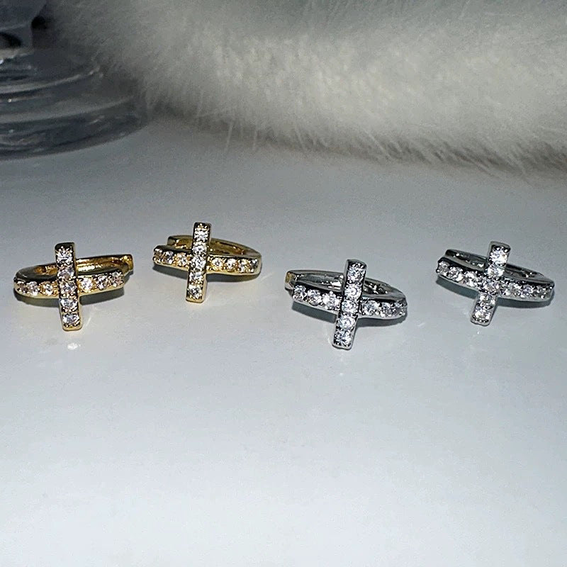 S925 Sterling Silver Mini Cross Diamond Earrings | 18K Gold Plated | Versatile