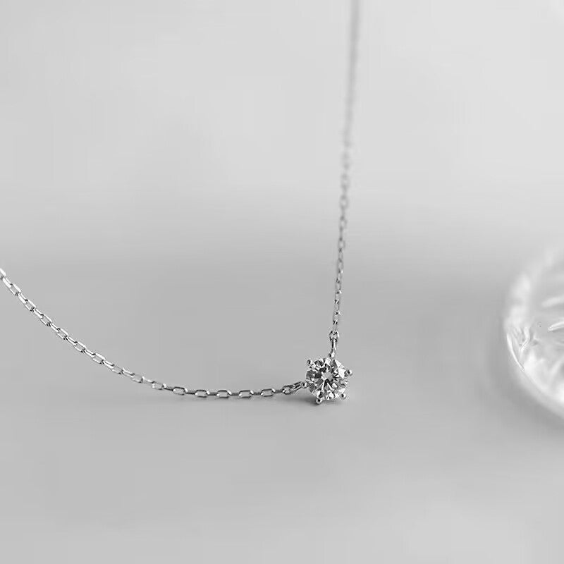 925 Sterling Silver Single Diamond Clavicle Necklace | 14K Gold Six-Claw Setting