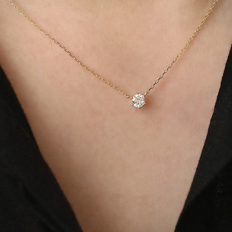 925 Sterling Silver Single Diamond Clavicle Necklace | 14K Gold Six-Claw Setting