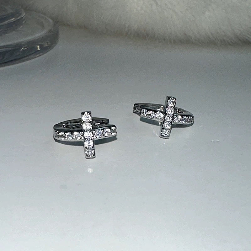 S925 Sterling Silver Mini Cross Diamond Earrings | 18K Gold Plated | Versatile