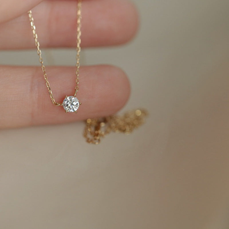 925 Sterling Silver Single Diamond Clavicle Necklace | 14K Gold Six-Claw Setting