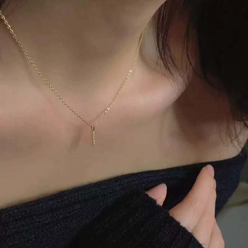925 Sterling Silver Zircon Geometric Pendant Necklace | 18K Gold Mini Bar Clavicle Chain
