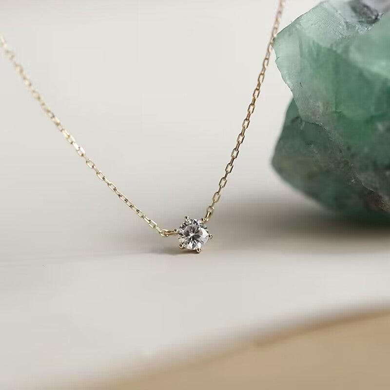 925 Sterling Silver Single Diamond Clavicle Necklace | 14K Gold Six-Claw Setting