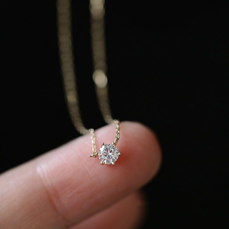 925 Sterling Silver Single Diamond Clavicle Necklace | 14K Gold Six-Claw Setting