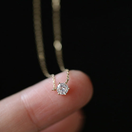 925 Sterling Silver Single Diamond Clavicle Necklace | 14K Gold Six-Claw Setting