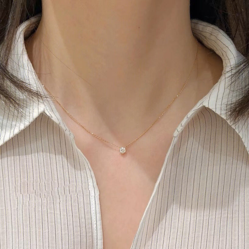 925 Sterling Silver Single Diamond Clavicle Necklace | 14K Gold Six-Claw Setting