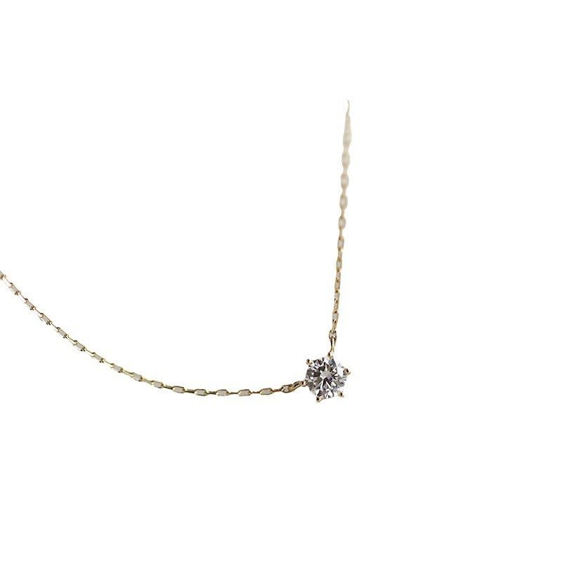 925 Sterling Silver Single Diamond Clavicle Necklace | 14K Gold Six-Claw Setting