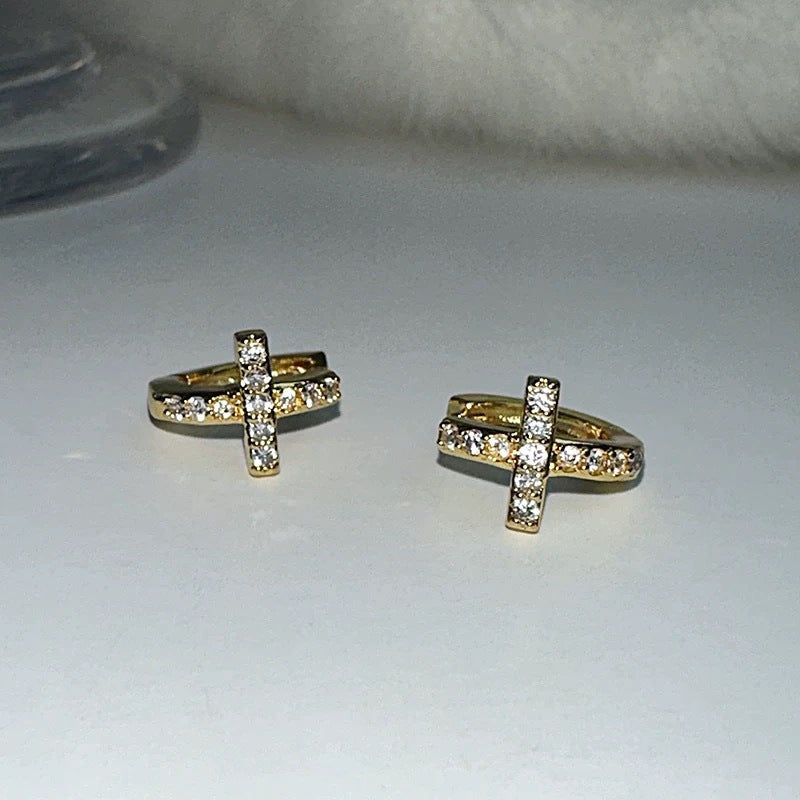 S925 Sterling Silver Mini Cross Diamond Earrings | 18K Gold Plated | Versatile